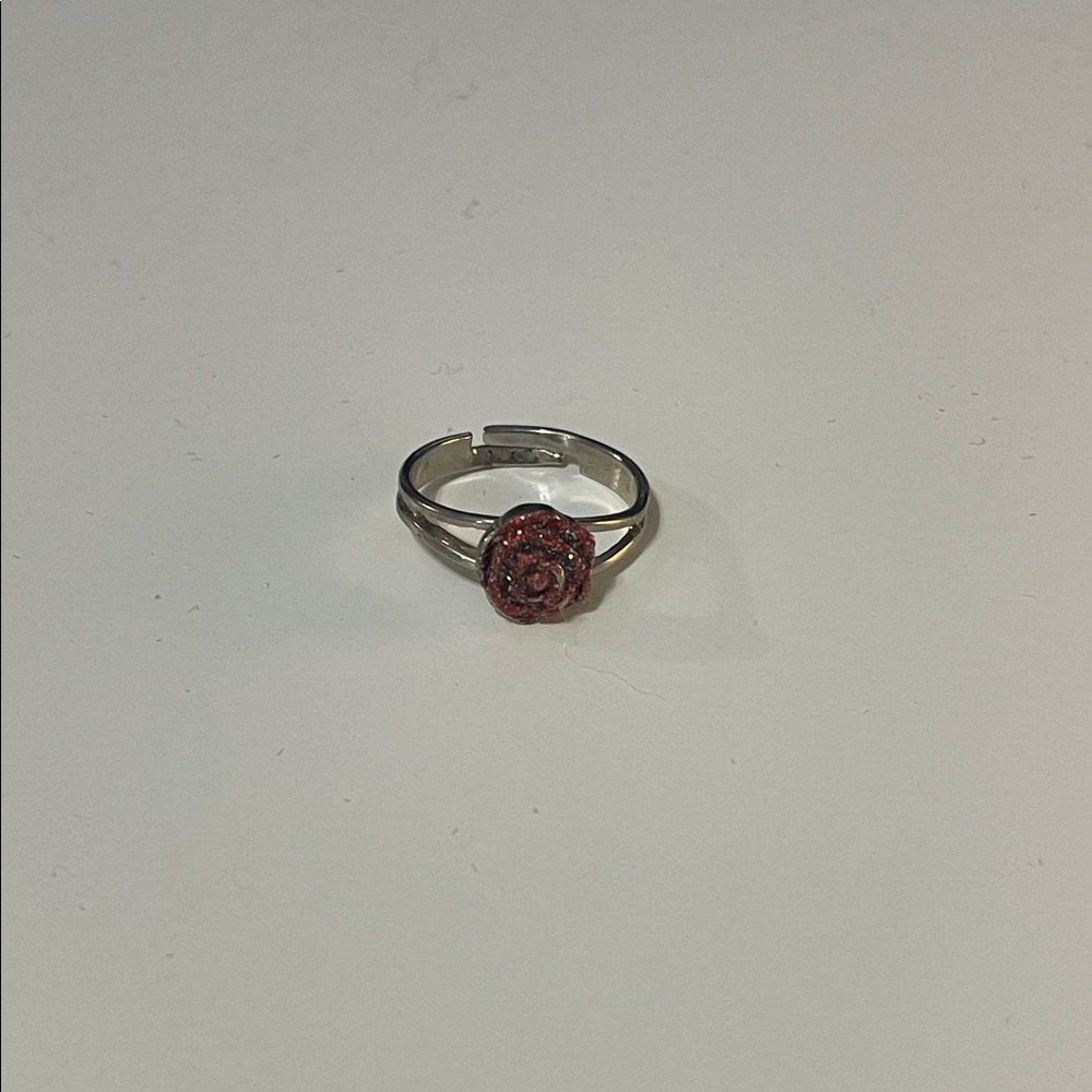 Silver Ring with Red Rose Accent